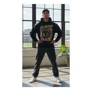Y&R Reckless Los Angeles Black Fleece Pullover Hoodie Graphic Pockets Men's L
